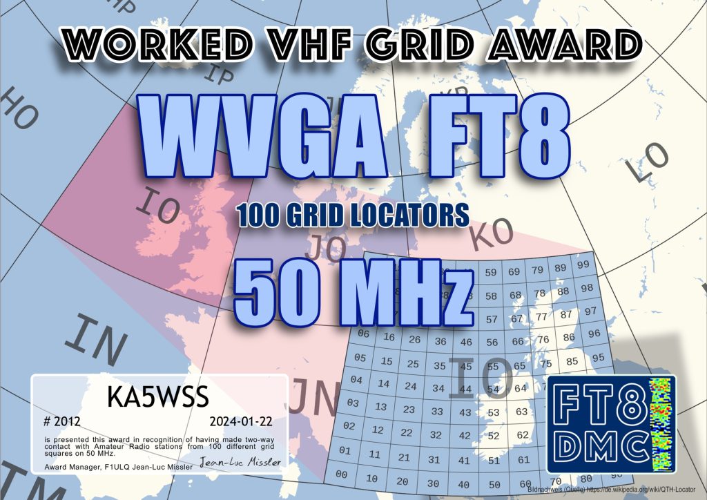 Worked VHF Grid Award for 100 grids on 6M.